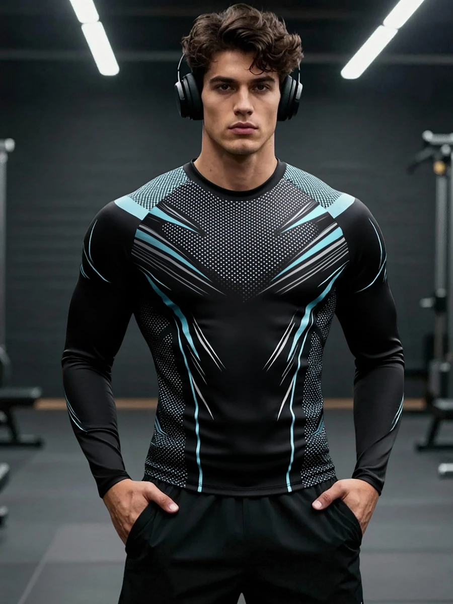 GymBeat Men's Tech Graphic Print Slim Fit Long Sleeve Tee, Outdoor Workout Running Training Sport Shirt - Black - View 1