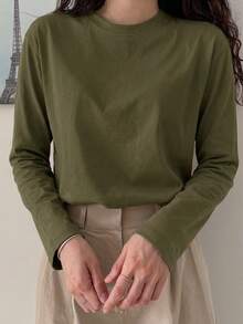 DAZY 女款素色百搭圓領長袖極簡風T恤 - 綠色 - 查看 6