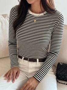 DAZY Women's Striped Short Sleeve T-Shirt Summer Versatile Loose Round Neck Pullover Top - Black - View 7