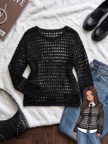 Comfortcana Plus Size Mesh Hollow Out Pullover Sweater - Black - View 10