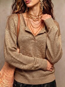 LUMIGAL Women's Casual Fashion Button Half-Placket Long Sleeve Sweater For Commuting Brunch Khaki Autumn - 金色 - 查看 7
