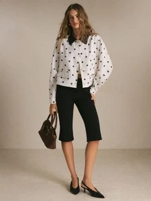 Poéselle Jaket Wanita Putih Motif Polkadot dengan Kancing Depan, Kerah Kontras, Jaket Musim Dingin, Pakaian Kerja, Atasan Polkadot, Pakaian Kantor Kasual Elegan dan Chic untuk Musim Gugur dan Musim Dingin - MultiWarna - View 2