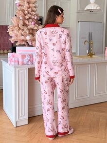 SweetSlumber طقم بيجامة نسائي وردي حلو بتصميم عيد الميلاد مع فيونكة الحلوى وندفة الثلج المنسوجة على الياقة - وردي - مشاهدة 4