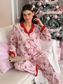 SweetSlumber طقم بيجامة نسائي وردي حلو بتصميم عيد الميلاد مع فيونكة الحلوى وندفة الثلج المنسوجة على الياقة - وردي - مشاهدة 5
