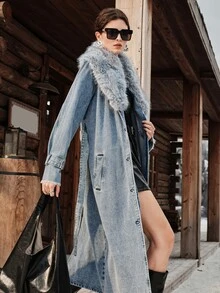 Anewsta Women's Fashion Faux Fox Fur Button Denim Jacket - Blue - View 6