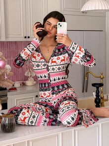 SweetSlumber Women's Christmas Fair Isle Knit Print Long Sleeve Pajama Jumpsuit - Multicolor - View 4