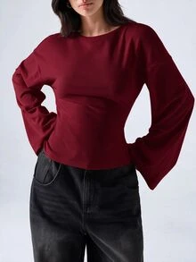 LYSMO 女款純色極簡百搭長袖收腰T恤 - 紅色 - 查看 6
