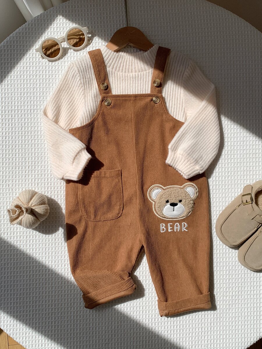 SHEIN Baby Boy Autumn/Winter Cartoon Bear Pattern Corduroy Overalls Long Pants, Versatile And Comfortable - Brown - View 1