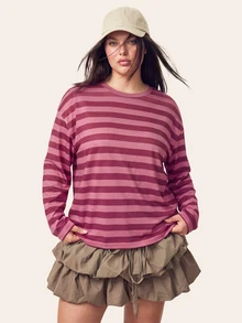 Comfortcana Plus Size Korean Style Minimalist Striped Colorblock Long Sleeve Crew Neck T-Shirt - Watermelon Pink - View 12