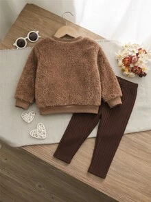 Cozy Pixies 女嬰休閒日常毛絨愛心印花上衣與內搭褲套裝 - 棕色 - 查看 2