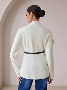 Modelyn كارديجان نسائي أنيق بتصميم ياقة وشاح غير متماثل، خريف/شتاء - أبيض - مشاهدة 2