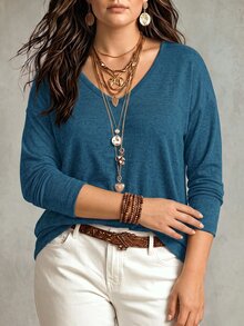 Glimmora Women's Autumn/Winter New V-Neck Long Sleeve Drop Shoulder Loose Soft Knit Plus Size T-Shirt - Blue - View 3
