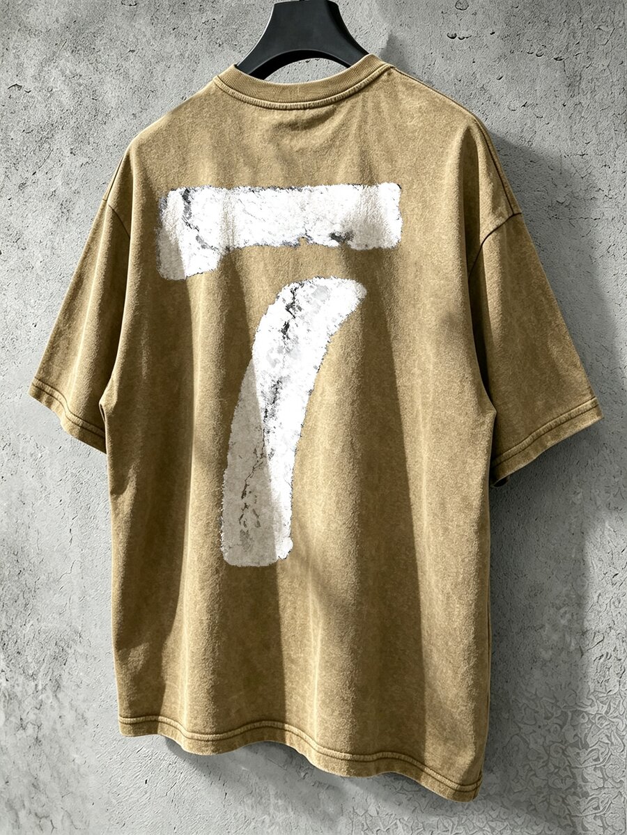 Manfinity EMRG Men's Number 7 Letter Washed Cotton T-Shirt - Brown - View 1