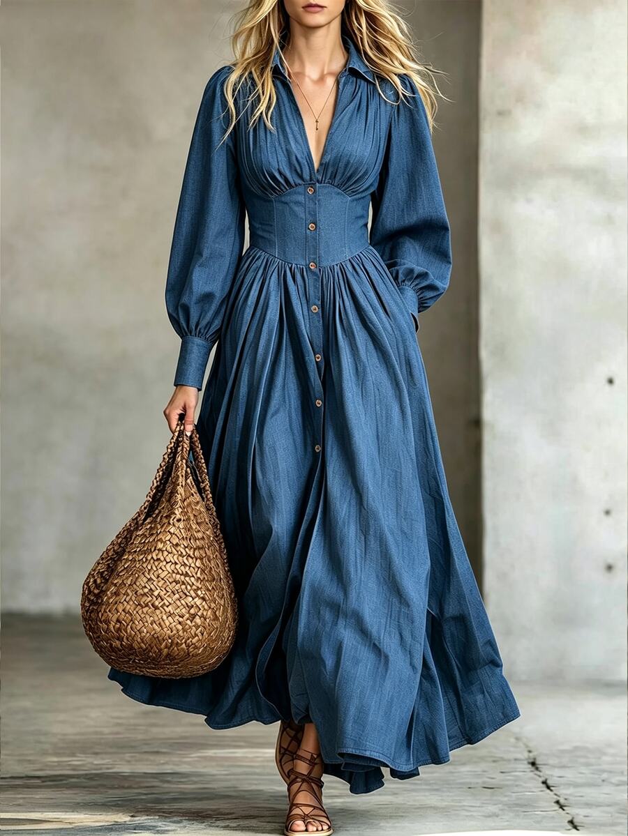 Linhara CURVE Plus Size Women's Autumn New Deep V-Neck Single Breasted Cinched Waist Ruched Design Shirt Dress Suitable For Commuting And Dating - Blue - View 1