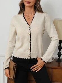 EMERY ROSE Cardigan Rajut Wanita Leher V Kancing Depan dengan Trim Tepi Bergelombang Kontras Lengan Panjang Model Pendek Sweater Wanita Musim Gugur Musim Dingin - Aprikot - View 6