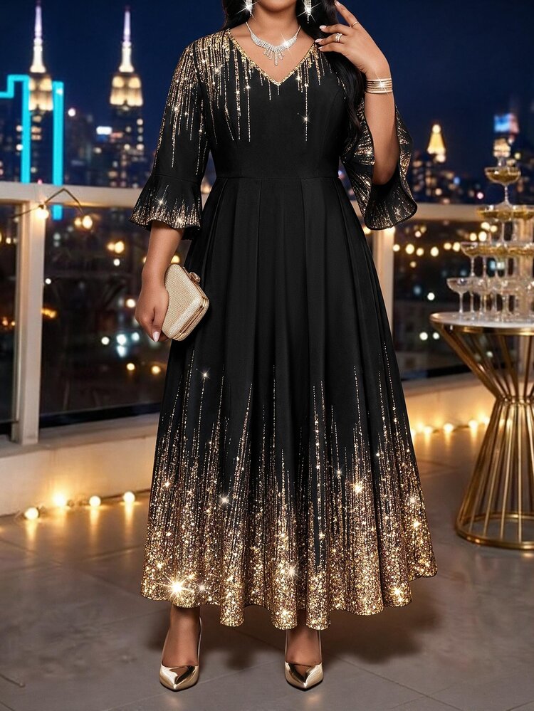 SHEIN Lady Plus Size Luxury Elegant Sequin Print V-Neck Dress - Black - View 4