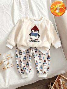 Set 2 potong celana panjang flanel lengan panjang bayi laki-laki, motif cetak bordir penguin kartun warna aprikot, pakaian rumah simpel kasual nyaman lembut lucu dan menyenangkan untuk musim dingin - Aprikot - View 4