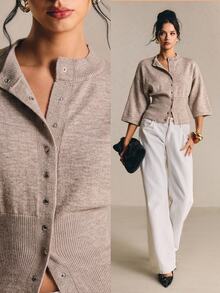 Poéselle Women's Casual Comfortable Waist-Cinching Cardigan - Camel - View 1