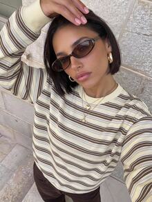 Aloruh Women's Casual Versatile Y2K Striped Sweatshirt - Light Yellow - View 4