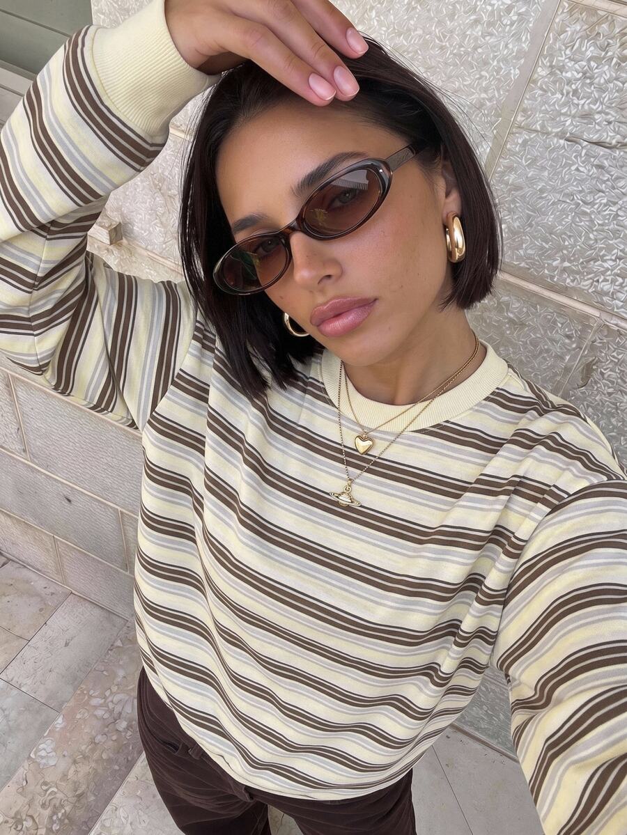 Aloruh Women's Casual Versatile Y2K Striped Sweatshirt - Light Yellow - View 1