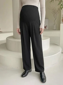 DAZY Black Maternity Drape Suit Straight Leg Ankle Pants, Elastic Full Belly Support Side Pockets Non-Binding Waist, Commute Casual High Waist Slimming - Black - View 4