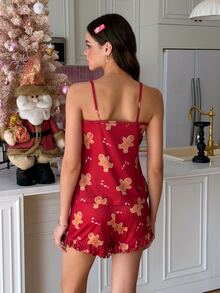 SweetSlumber طقم بيجامة كاميسول نسائي لطيف بطبعة رجل الزنجبيل وعصا الحلوى لعيد الميلاد - عنابي اللون - مشاهدة 4