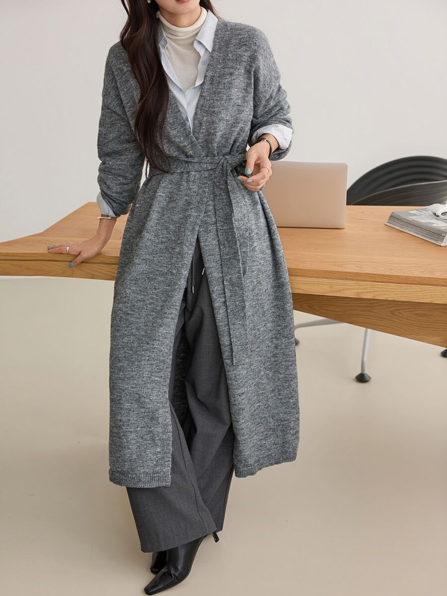 Dazy-Less Women's Solid Color Dropped Shoulder Long Sleeve Waist Tie Long Knit Cardigan - Dark Grey - View 1