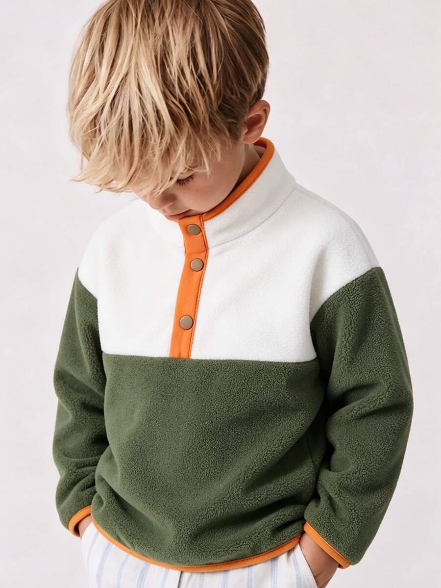 Boys Light Green Textured Stand Collar Sweatshirt Long Sleeve Half Button Front Cute Design - Army Green - View 1