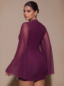SHEIN BAE CURVE Plus Size Purple Burgundy Water Drop Neck Long Sleeve Fitted Bodycon Sexy Mini Dress, Suitable For Cocktail Party, Romantic Date, Party, Formal - Purple - View 5
