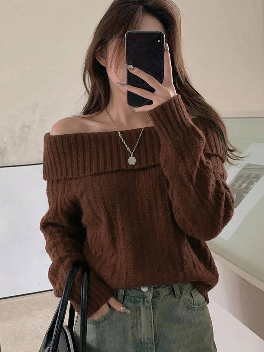 DAZY Women's Minimalist Ribbed Knit Cold Shoulder Long Sleeve Sweater For Commute - Brown - View 1