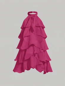 Skyraze White Multi-Layer Ruffle Halter Neck Stand Collar Mini Dress - Red Violet - View 3