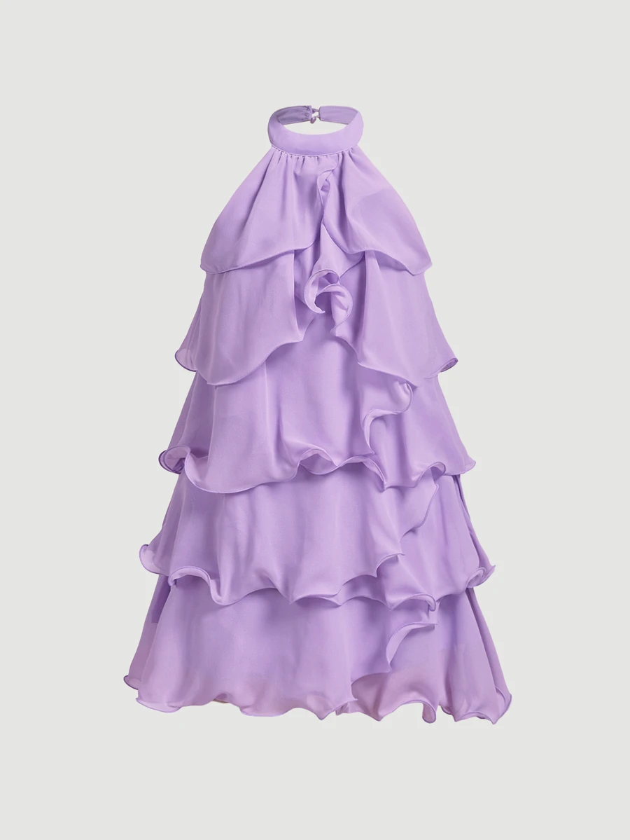 Skyraze White Multi-Layer Ruffle Halter Neck Stand Collar Mini Dress - Lilac Purple - View 1