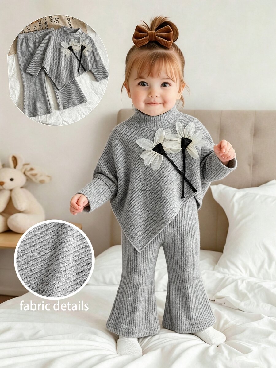 SHEIN Playful Pals Infant Girls Spring Autumn Winter Casual Family Matching T-Shirt Set Asymmetrical Pullover High Neck Brushed Grey Light Grey Ribbed Fabric 3D Flower - Grey - View 1