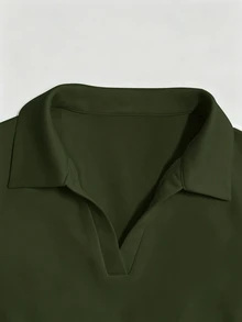 SHEIN Franclia 女款夏季 Polo 領短袖收腰 A 字洋裝，極簡顯瘦設計，適合日常通勤、外出與野餐 - 橄欖綠 - 查看 5