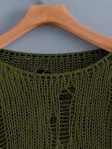Sunspun Plus Size Women Solid Color Pure Desire Style Distressed Y2K Cropped Tassel Chunky Crochet Pattern Knit Sweater Pullover, Suitable For Spring Summer Autumn Outfits, Matching, Distressed Sweater - Army Green - View 4