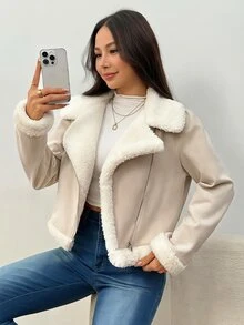 SHEIN 青少年女孩秋冬休閒街頭時尚機車風麂皮抓絨複合加厚翻領拉鍊不對稱口袋夾克外套，適合返校與日常穿著 - 卡其色 - 查看 5