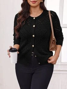 Reflora Plus Size Women's Metal Single-Breasted Hollow Knit Cardigan - Black - View 4