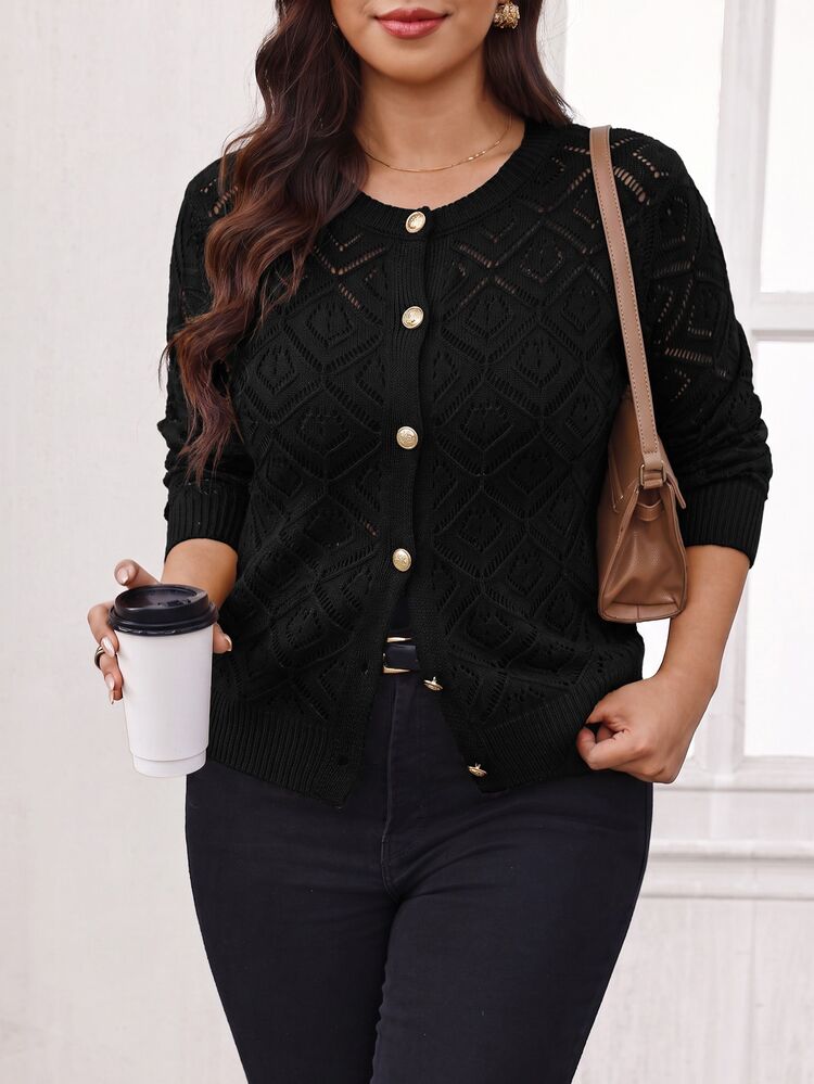 Reflora Áo cardigan len dệt kim rỗng cài nút đơn bằng kim loại cho nữ size lớn - màu đen - Xem 4