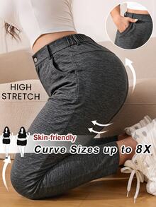 SHEIN CURVE+ 大尺碼女款優雅修身長褲 春夏秋季 - 深灰色 - 查看 1