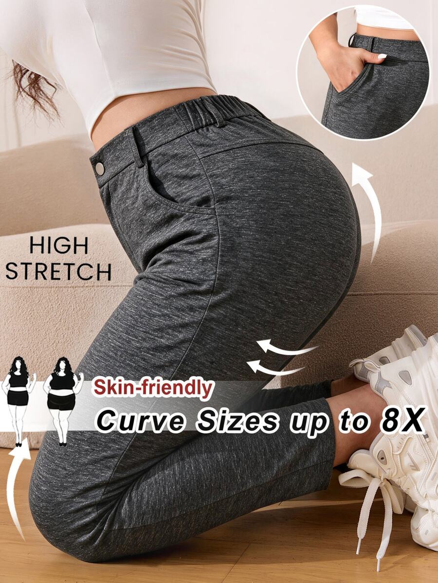 SHEIN CURVE+ 大尺碼女款優雅修身長褲 春夏秋季 - 深灰色 - 查看 1