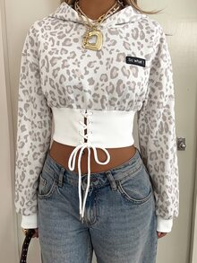 SHEIN EZwear 豹紋字母拼接前綁帶寬下擺短版連帽衛衣 - 彩色 - 查看 1