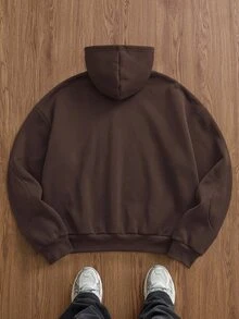 EASEVO 大尺碼男士休閒學院風拼接刺繡連帽衛衣 - 咖啡棕 - 查看 2