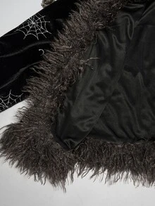 ROMWE Dark Gothic Mysterious Divination Style Star & Moon Pattern Embroidered Fur Collar Decor Plus Size Coat - Black - View 5