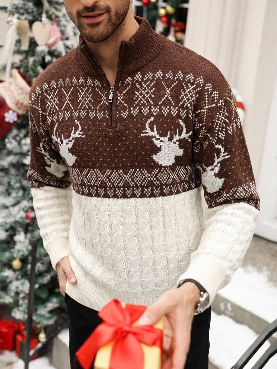 Manfinity Homme 聖誕男士秋冬鹿紋拉鍊半開襟休閒毛衣，可愛套頭毛衣，中性款，秋季/冬季 - 彩色 - 查看 1