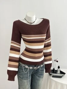 Elamini Minimalist Women's Autumn/Winter Brown Long Sleeve Asymmetric Shoulder Cold Shoulder Striped Fitted Knit Sweater Top - Brown - View 1