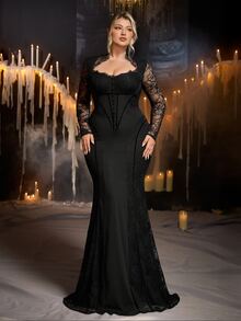 Glamrae Plus Size Black Lace Patchwork Elastic Fabric Cinched Waist Mermaid Tail Gothic Heavy Embellished Evening Gown - Black - View 2