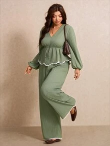 Elaquor Plus Contrast Binding Peplum Top & Wide Leg Pants Fall - Green - View 3