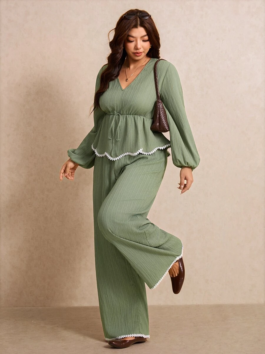 Elaquor Plus Contrast Binding Peplum Top & Wide Leg Pants Fall - Green - View 1