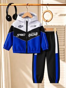 SHEIN Boys 2pcs Set, Autumn New Colorblock Patchwork Hooded Jacket, American Motorcycle Racing Style Versatile Top, Colorblock Cuffed Sweatpants, Long Sleeve Sports Two Pieces Outfit, Suitable For Autumn Outings - Blue - View 4