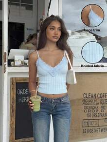 Siren Gaze Women's Blue Ribbed Knit Lace Trim Camisole Set, Perfect Choice For Casual Outings Women's Lace Camisole Autumn/Winter Base Layer Knit Top - Baby Blue - View 5